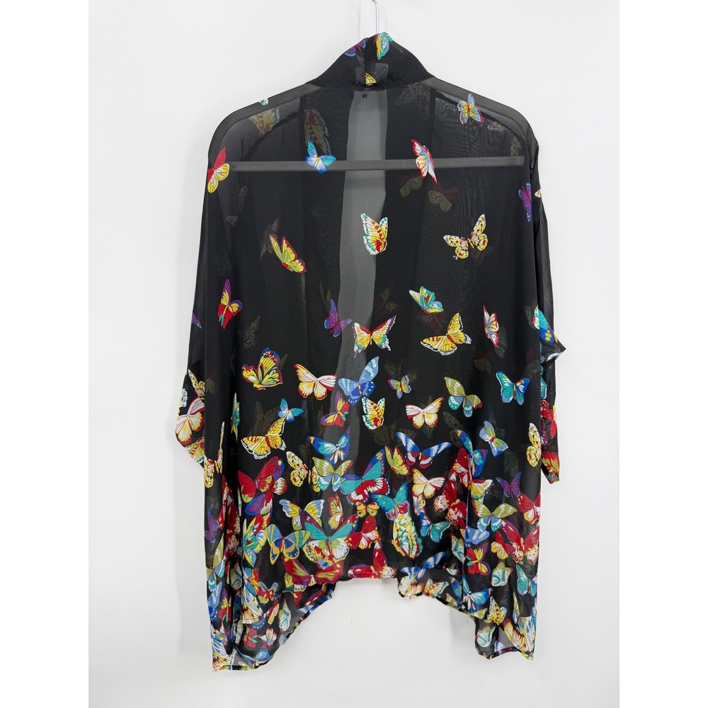 Unbranded Butterfly Print Sheer Kimono‎ Wrap Women Medium Black Multi Open Front - Picture 5 of 7